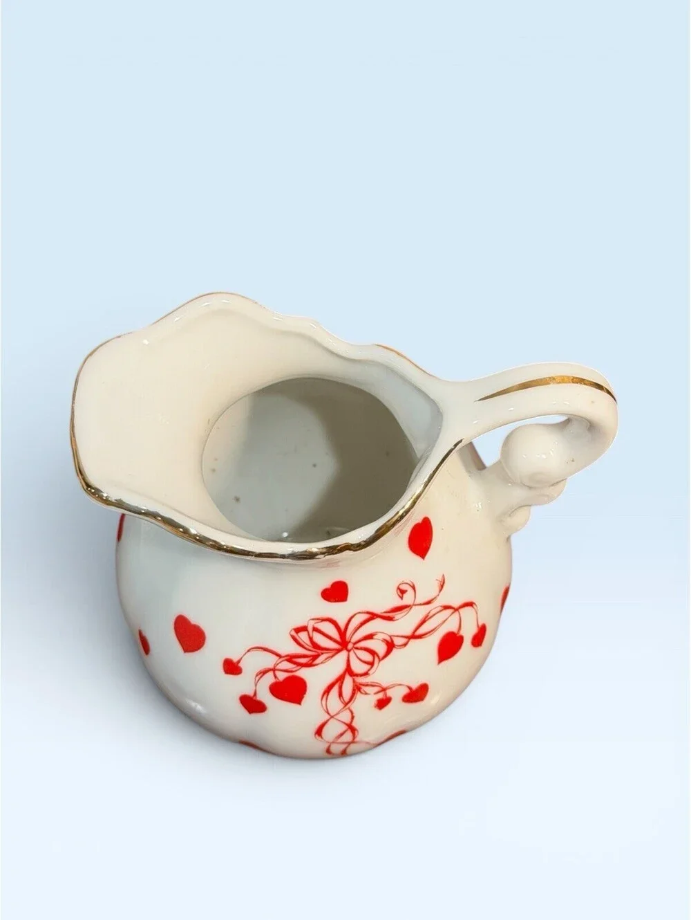 Vintage Lefton China Red Heart Mini Pitcher Red Hearts And Ribbons Design